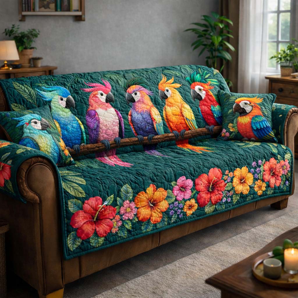 Tropical Parrot Heaven Quilted Sofa Cover Tropical Home Couch Cover Gift For Room Decor - Tradiviet