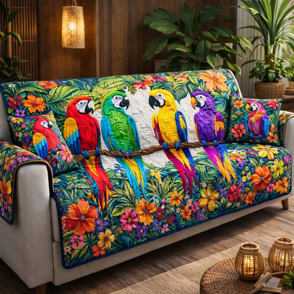 Tropical Parrot Heaven Quilted Sofa Cover Tropical Home Couch Cover Present For House Lovers - Tradiviet