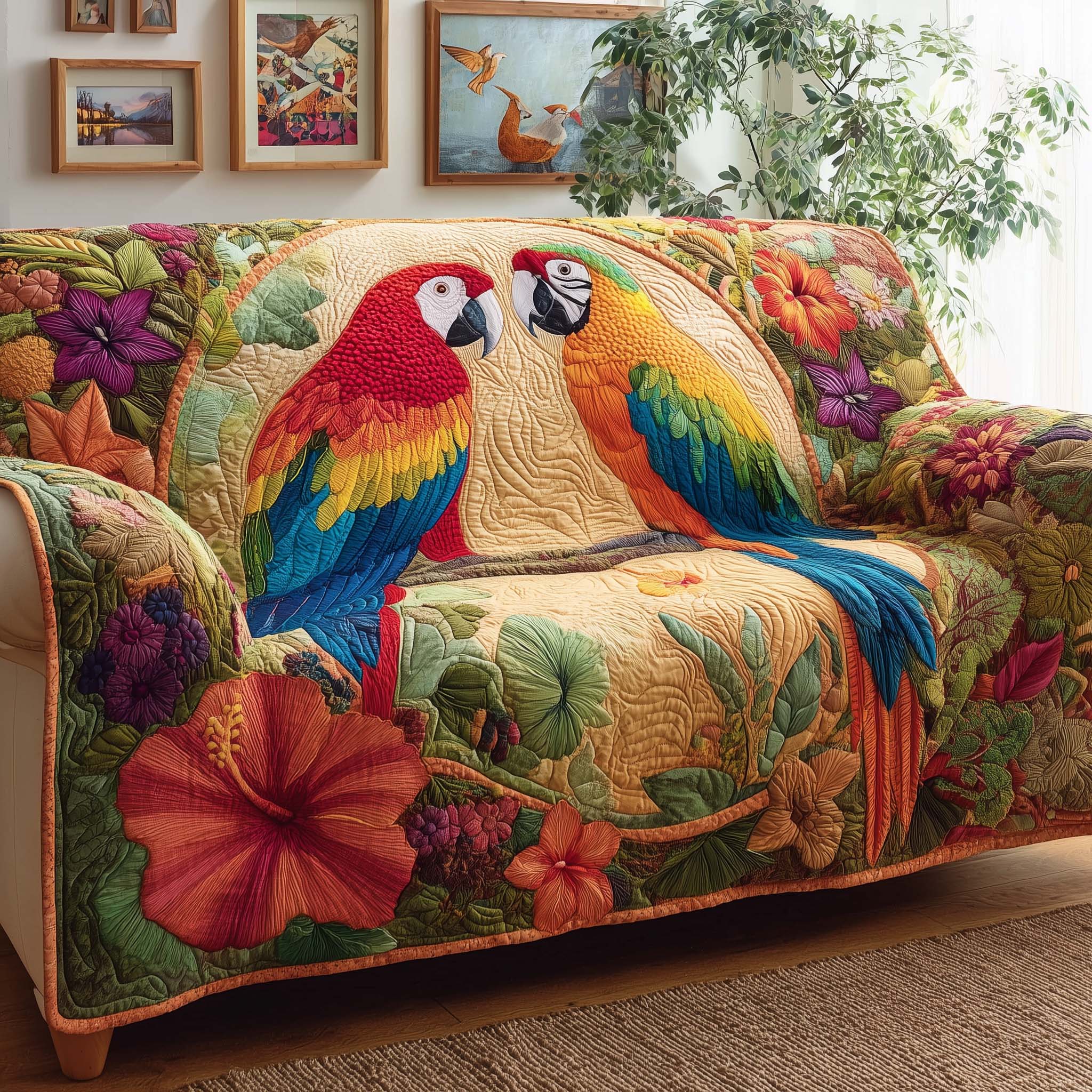 Tropical Parrots Quilted Sofa Cover Tropical Home Gifts For Home Decor - Tradiviet