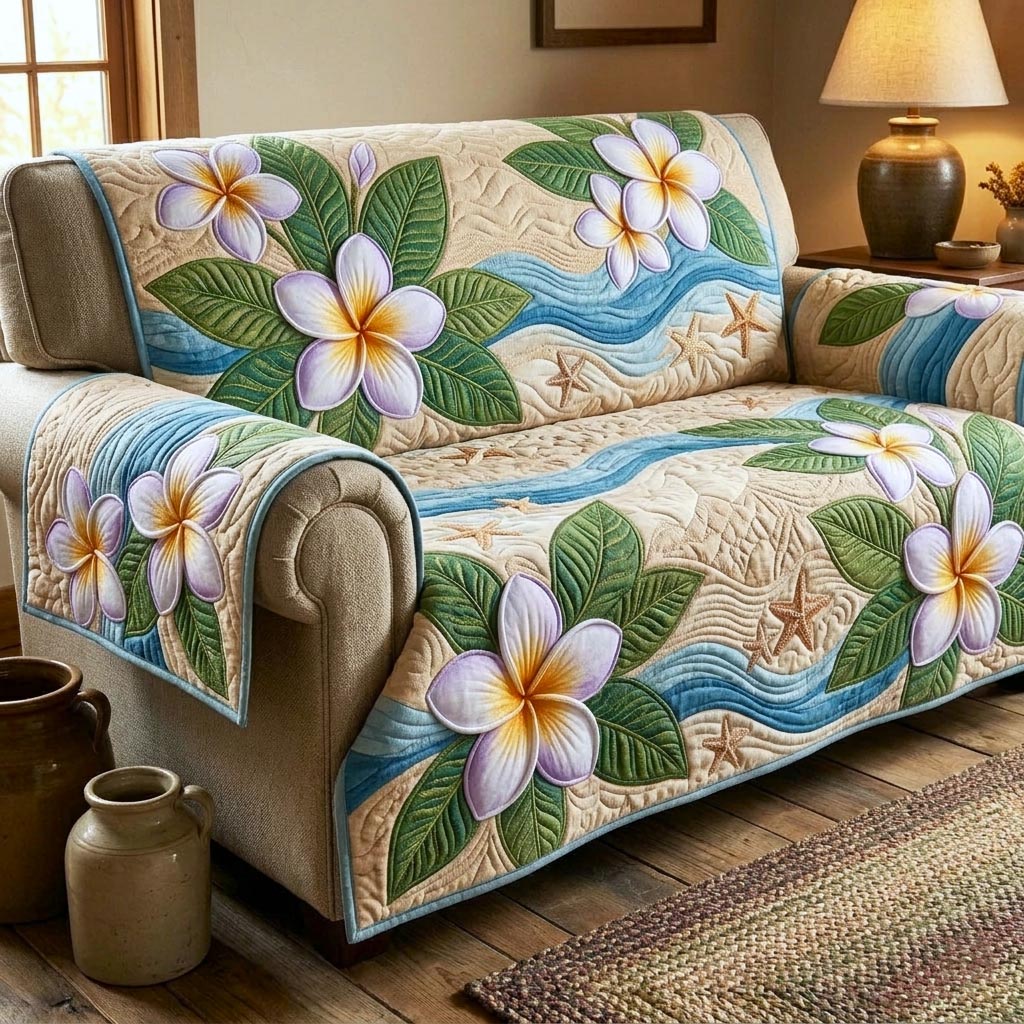 Tropical Plumeria Quilted Sofa Cover Coastal Home Couch Cover Gifts For House Lovers - Tradiviet