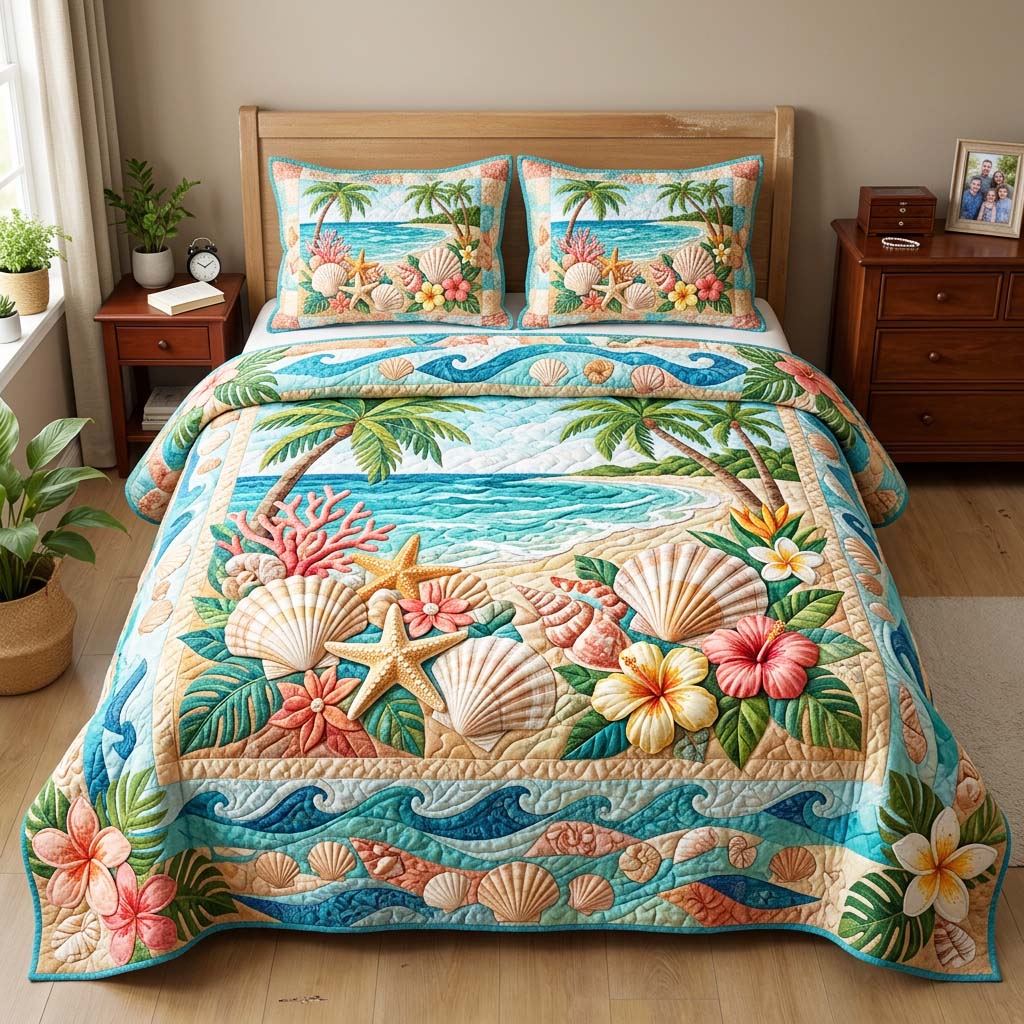 Tropical Seashell Quilted Bedding Set Tropical Seashell Moodboard Gift For Tropical Seashell - Tradiviet