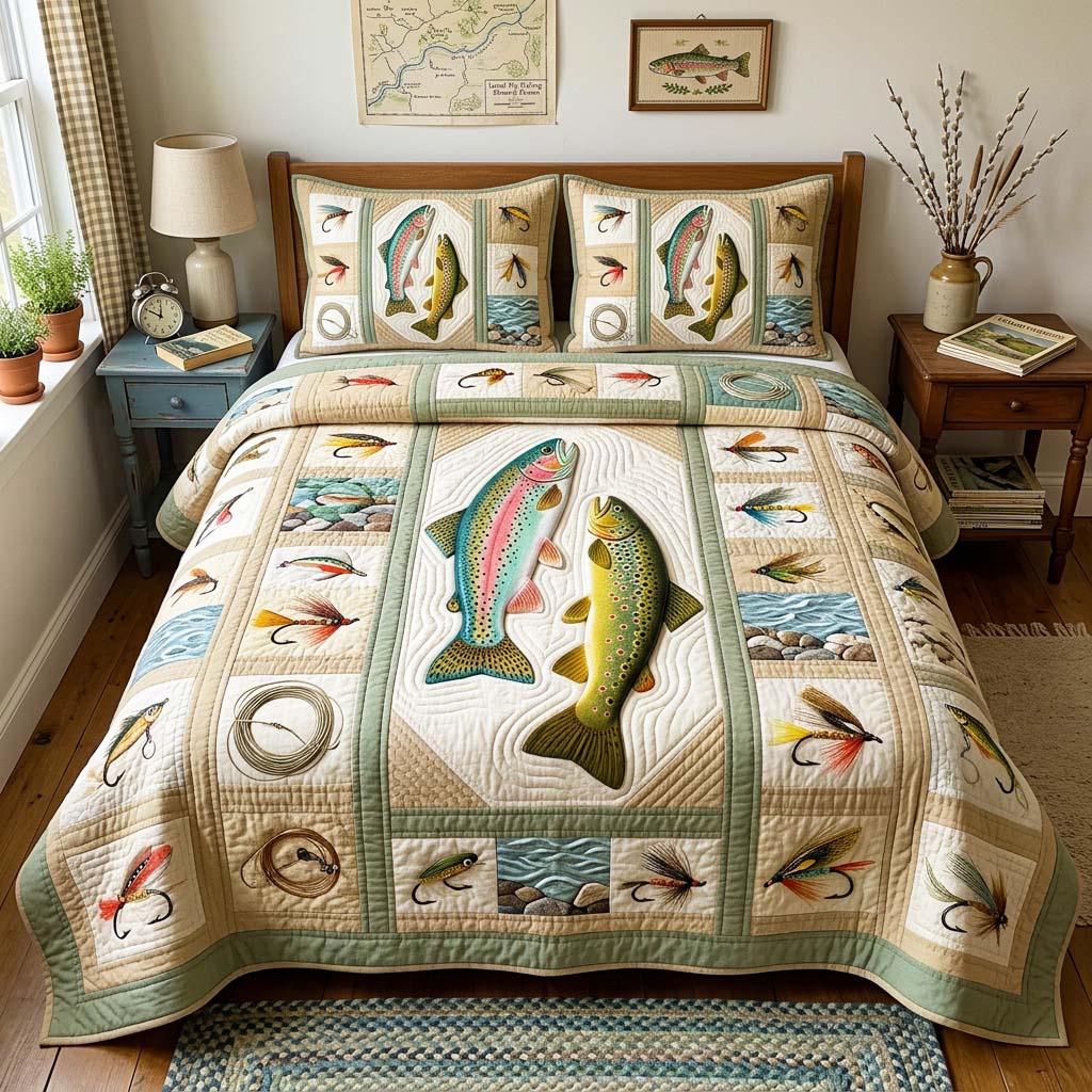 Trout Lures Quilted Bedding Set Trout Lures Woodland Gift For Trout Lures - Tradiviet