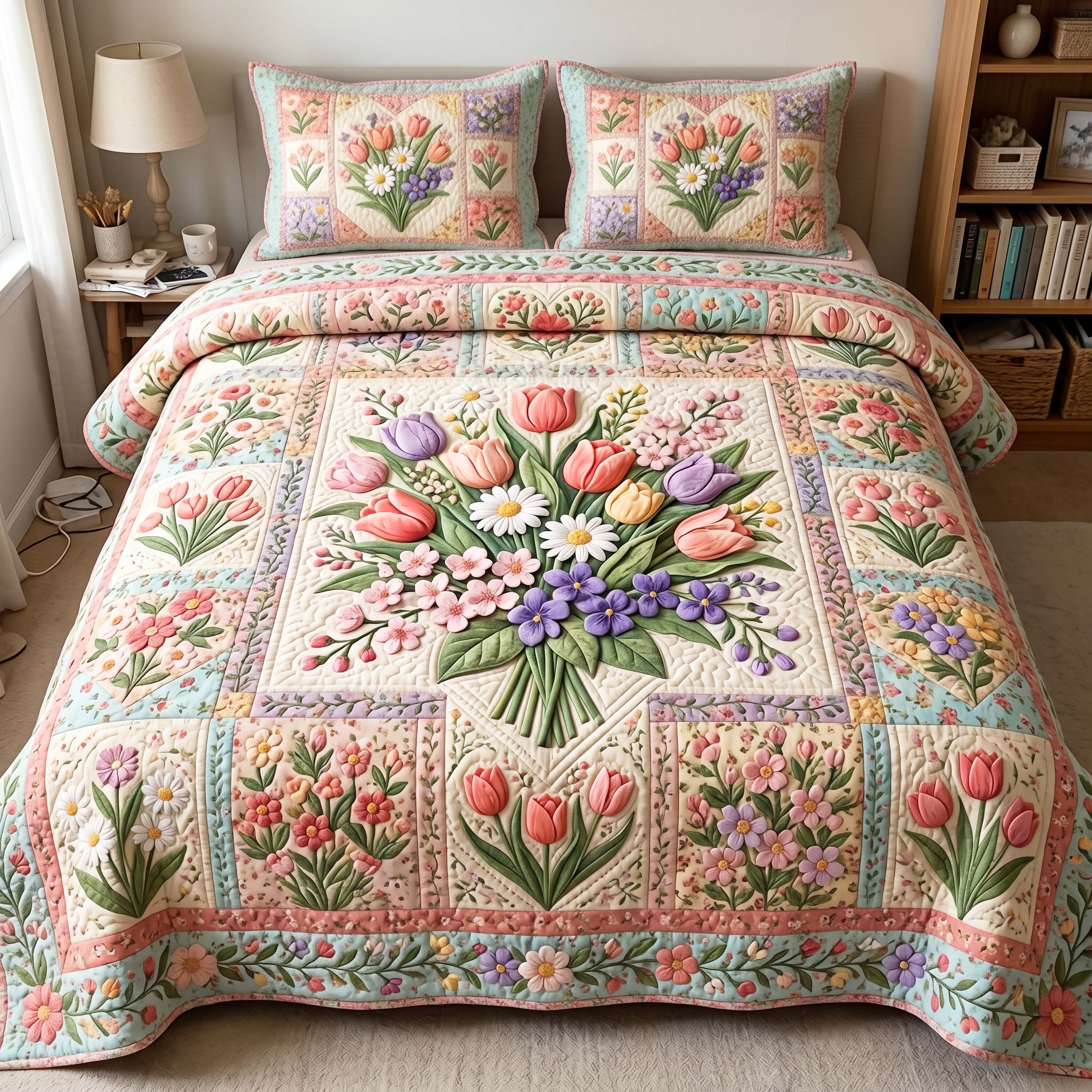 Tulip Bouquet Quilted Bedding Set Tulip Bouquet Elegant Gift For Tulip Bouquet - Tradiviet