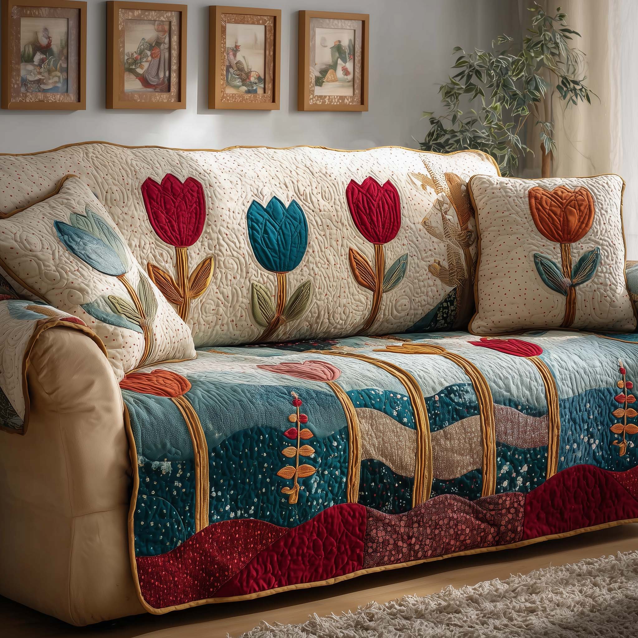 Tulip Garden Quilted Sofa Cover Floral Home Couch Cover Present For House Lovers - Tradiviet