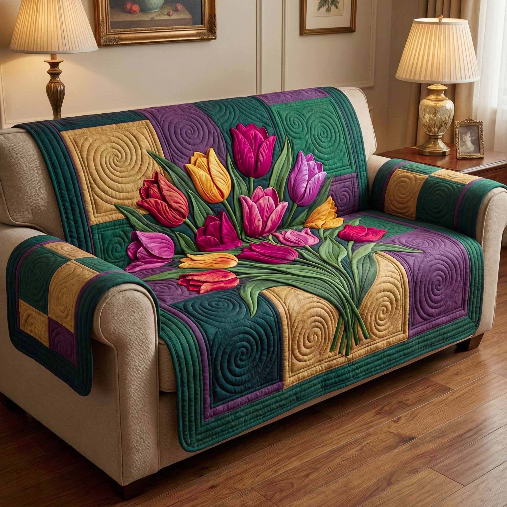 Tulip Patch Quilted Sofa Cover Best Slipcovered Sofas Great Mother's Day Gifts - Tradiviet