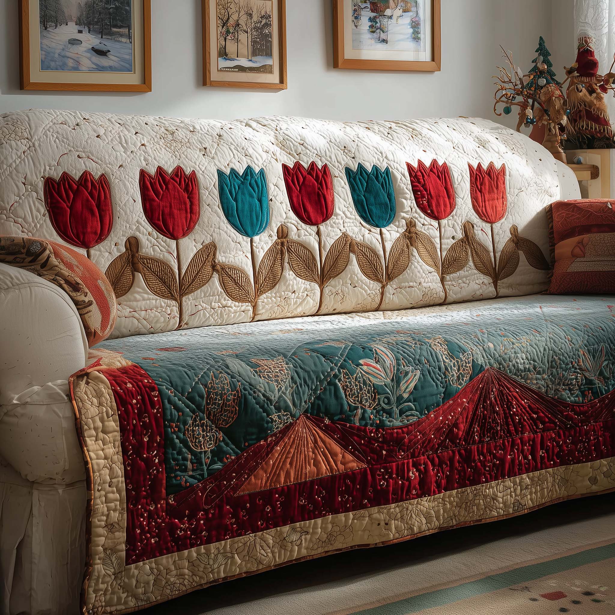 Tulip Valley Quilted Sofa Cover Floral Home Couch Cover Gift For New Home - Tradiviet