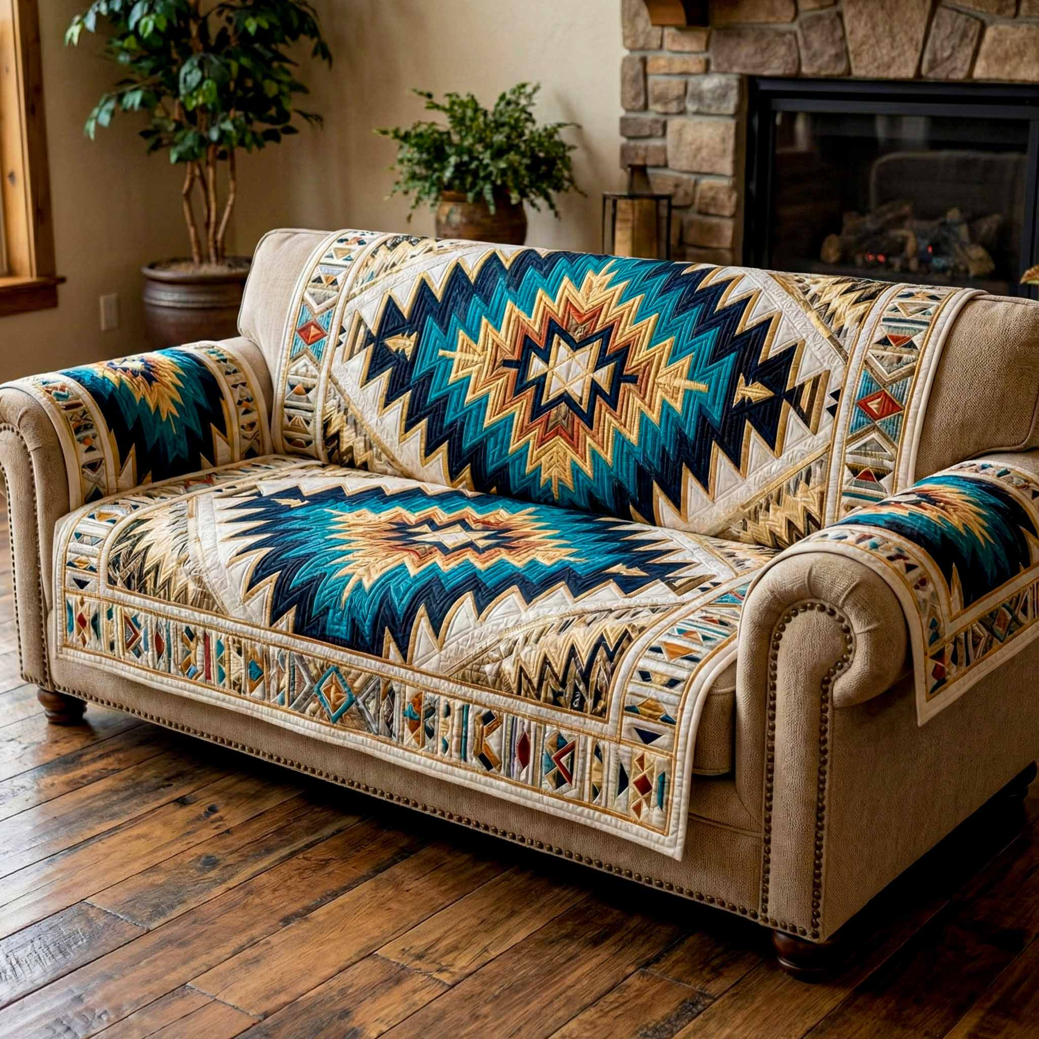 Turquoise Canyon Quilted Sofa Cover Couch Covers For Couches Native American Themed Gifts - Tradiviet