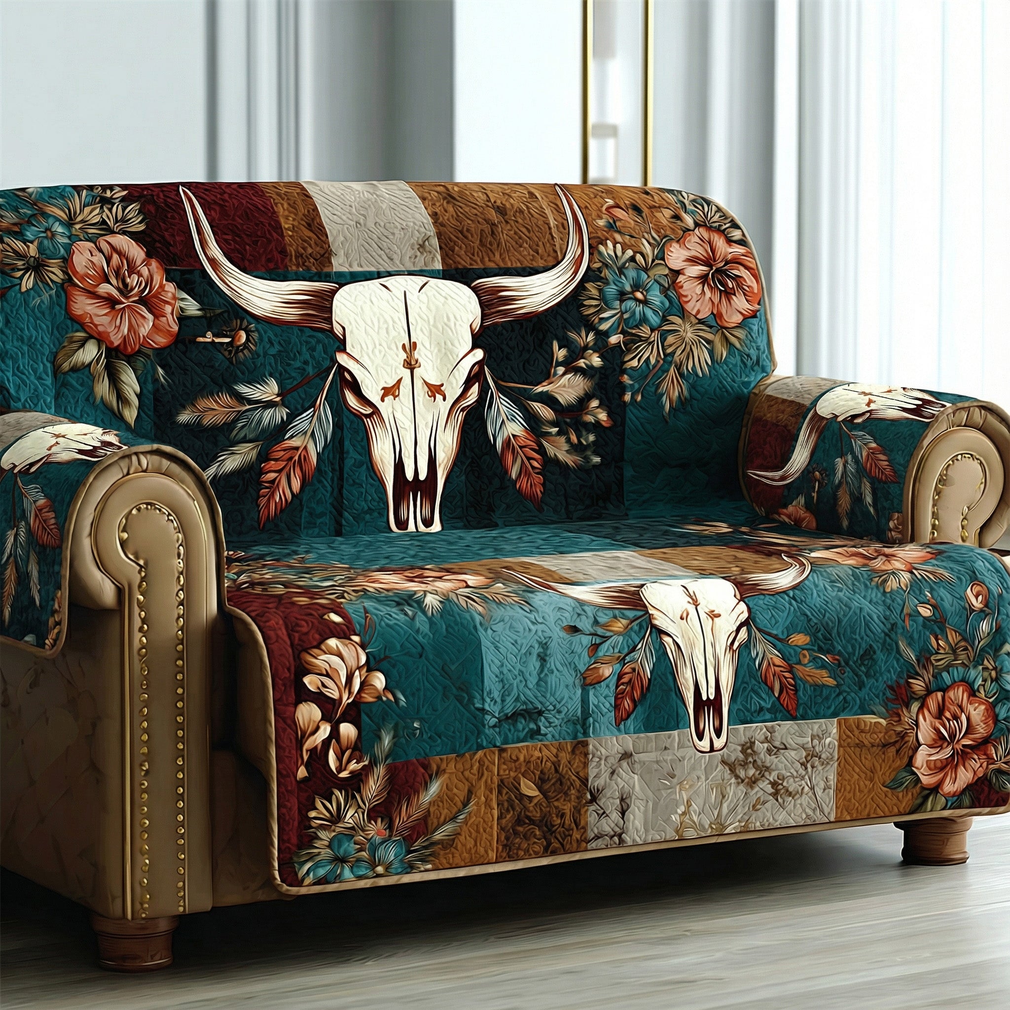 Turquoise Spirit Skull Quilted Sofa Cover Elegant Home Room Decor Best Housewarming Gift Ideas - Tradiviet