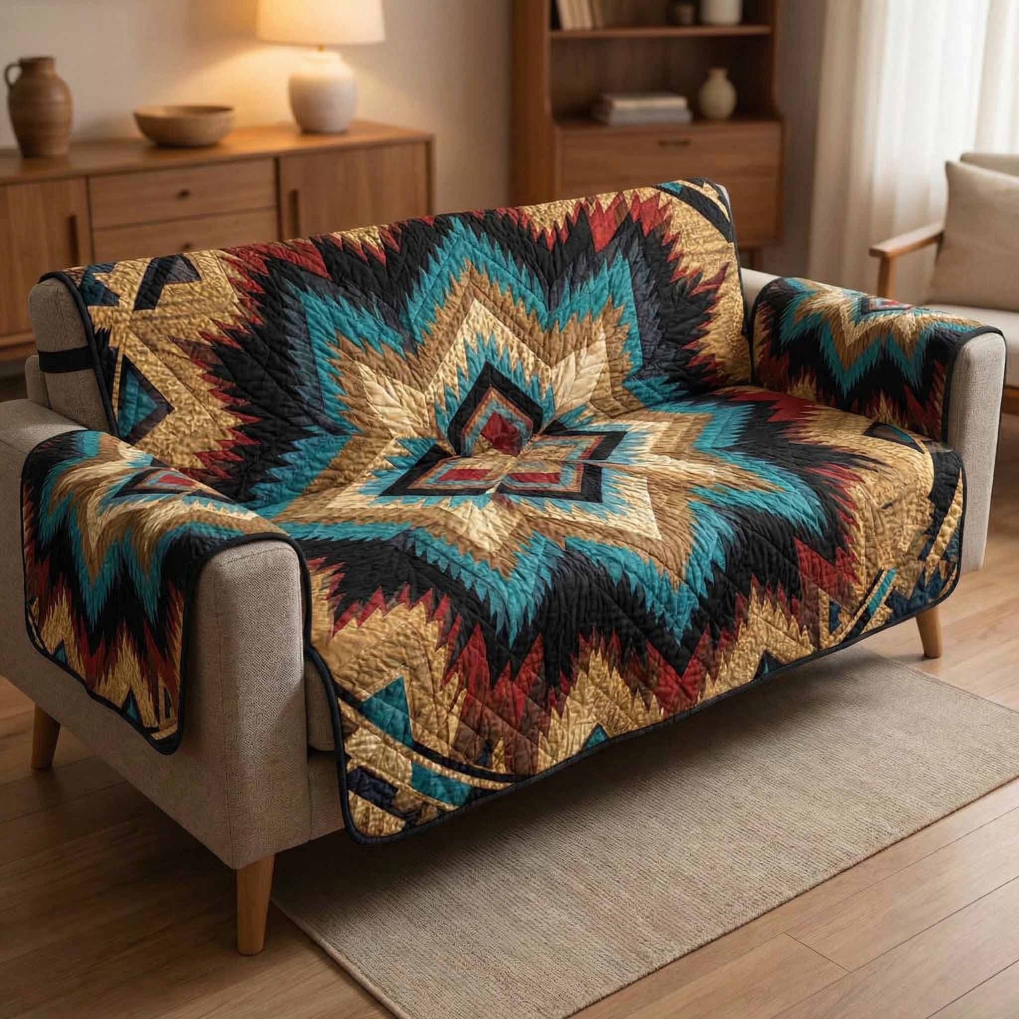 Turquoise Star Quilted Sofa Cover Indoor Home Room Decor Room Gift For Her - Tradiviet