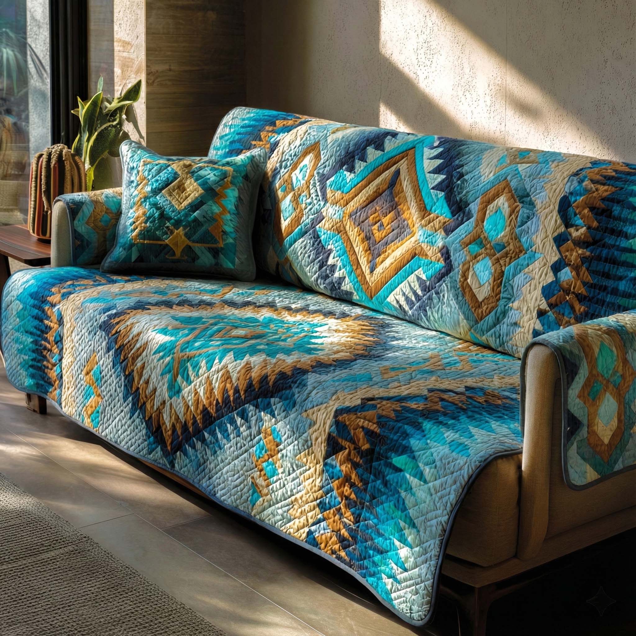 Turquoise Thunderburst Quilted Sofa Cover Room Decor For Room Best Home Decor Gifts - Tradiviet