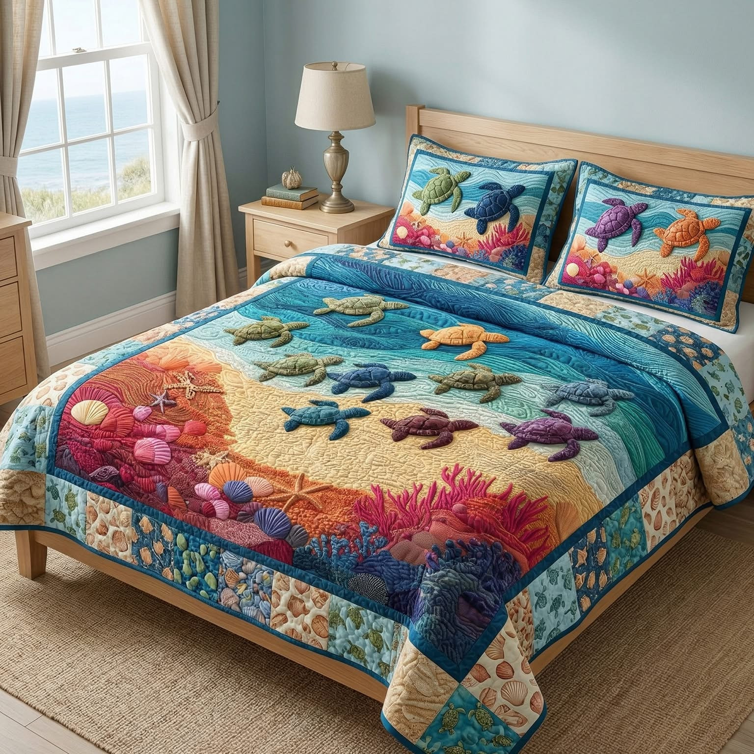 Turtle Beach Quilted Bedding Set Colorful Ocean Life Coastal Duvet Cover Merch Gift Ideas - Tradiviet