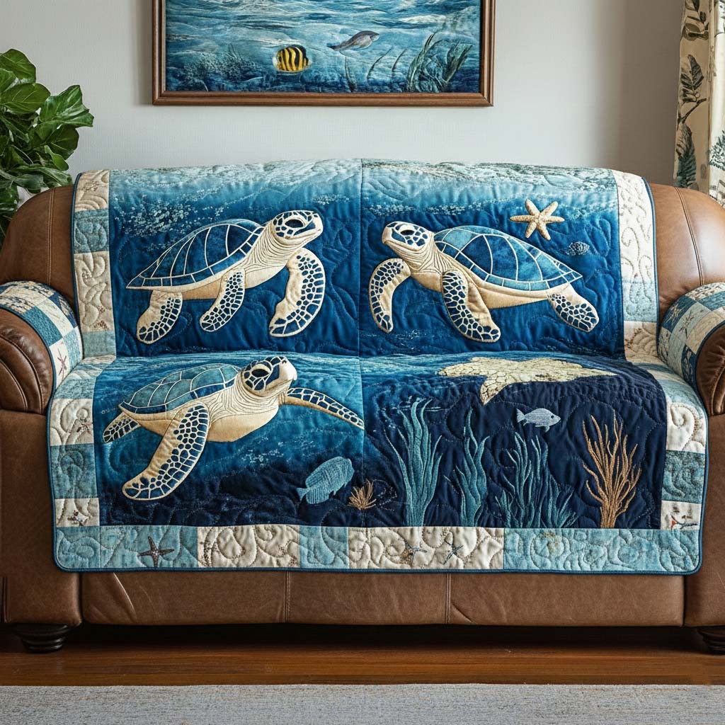 Turtle Beauty Quilted Sofa Cover Coastal Home Couch Cover Gift For Cozy Spaces - Tradiviet