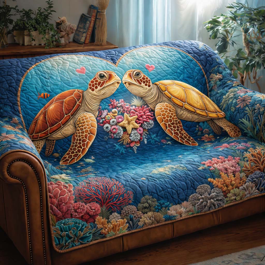 Turtle Couple Quilted Sofa Cover Coastal Home Couch Cover Cute Room Decor Finds - Tradiviet