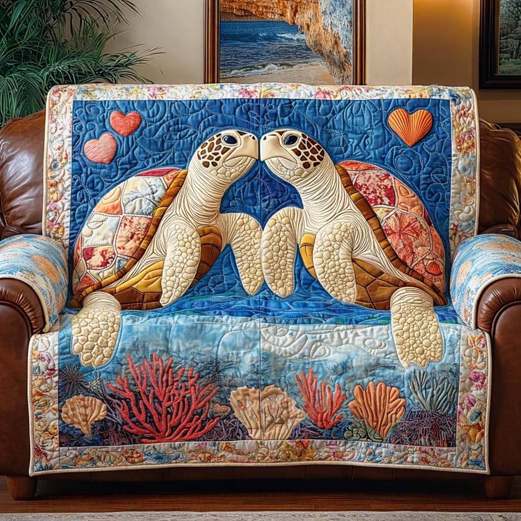 Turtle Couple Quilted Sofa Cover Coastal Home Couch Cover Gift For Cozy Spaces - Tradiviet