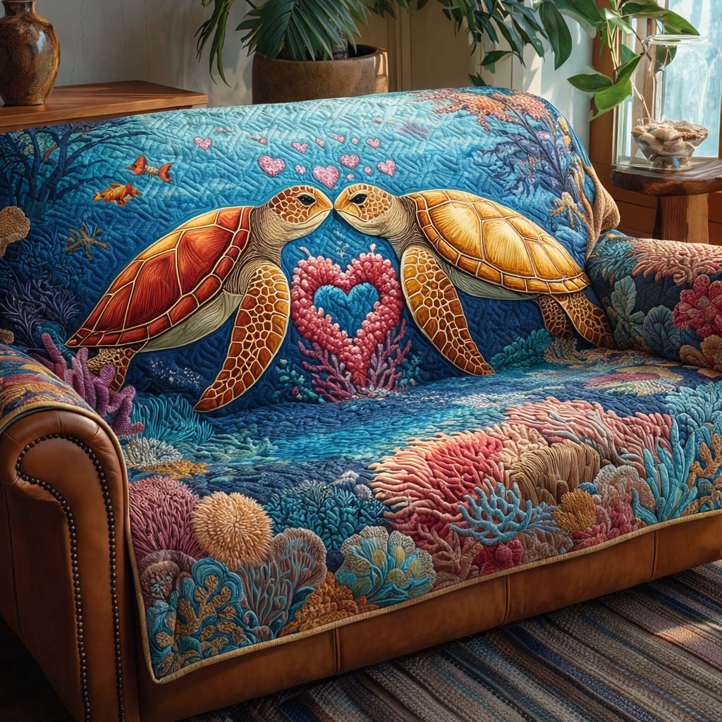 Turtle Couple Quilted Sofa Cover Coastal Home Couch Cover Trendy Room Decor Gifts - Tradiviet