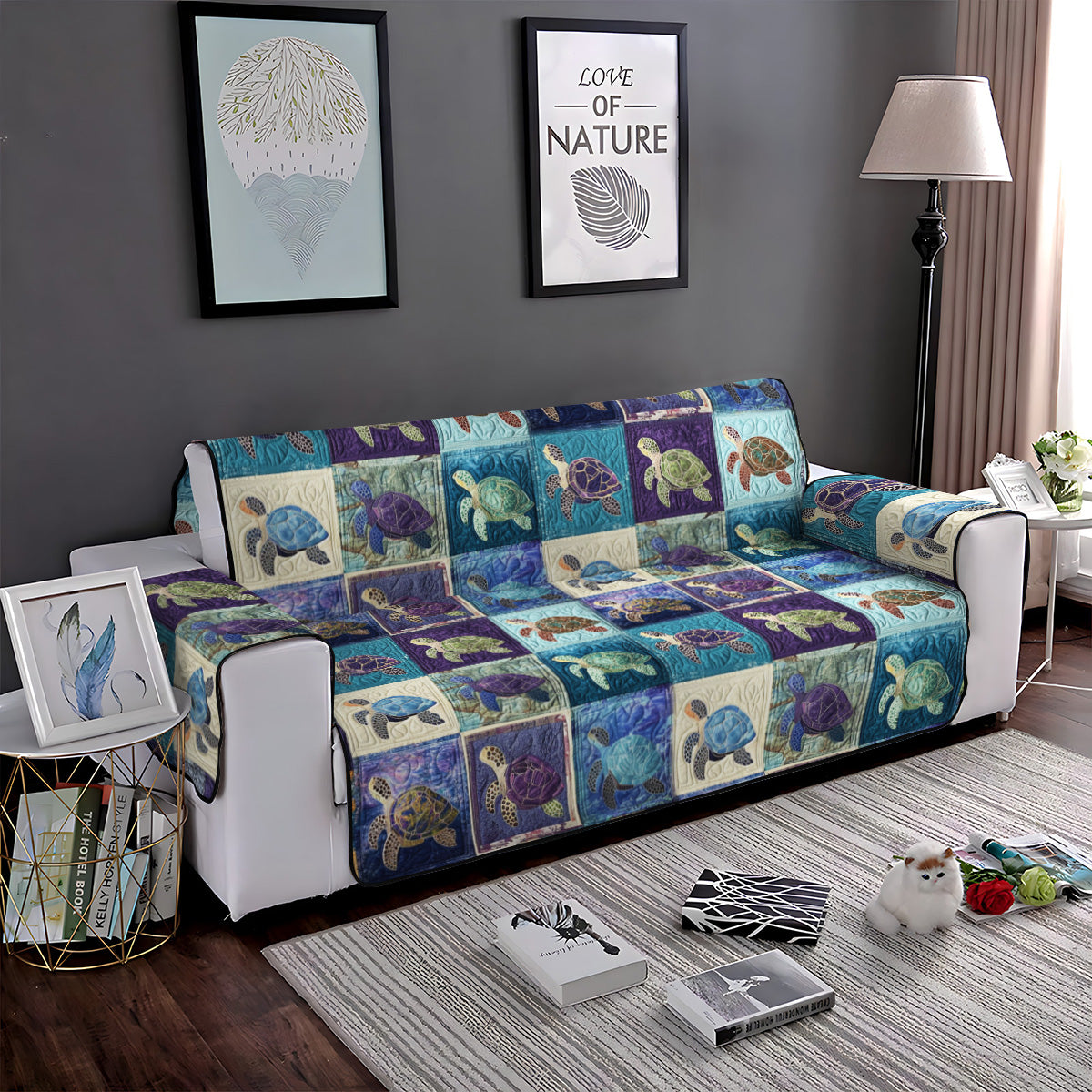 Turtle Cove Quilted Sofa Cover Farmhouse Room Decor Gift For New Home - Tradiviet
