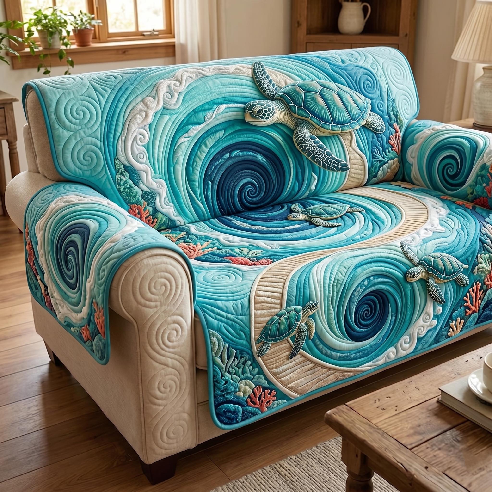 Turtle Drift Quilted Sofa Cover Coastal Home Couch Cover Bear Gifts For Him - Tradiviet
