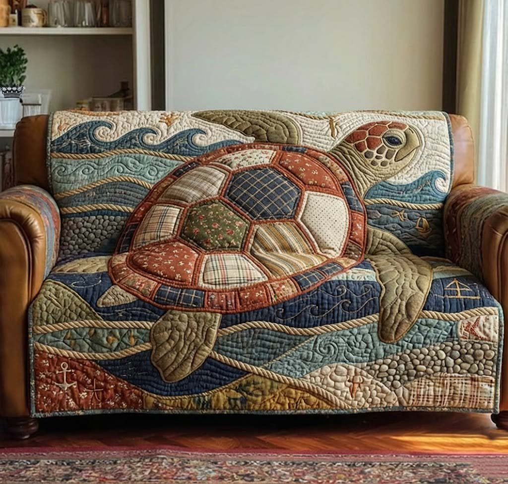 Turtle Drift Quilted Sofa Cover Coastal Home Couch Cover Best Home Decor Gifts - Tradiviet