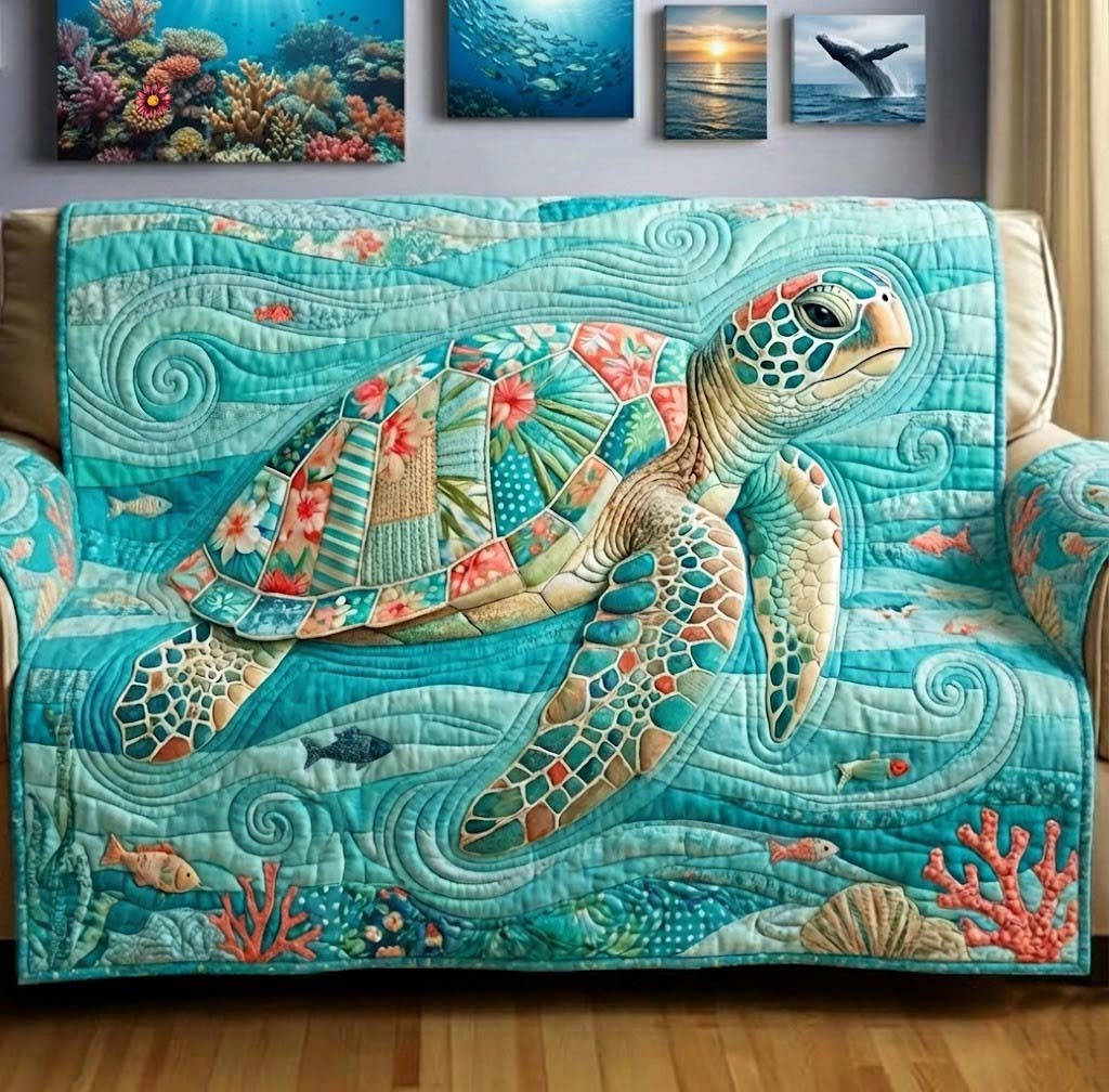 Turtle Drift Quilted Sofa Cover Coastal Home Couch Cover Best Room Decor Gifts - Tradiviet