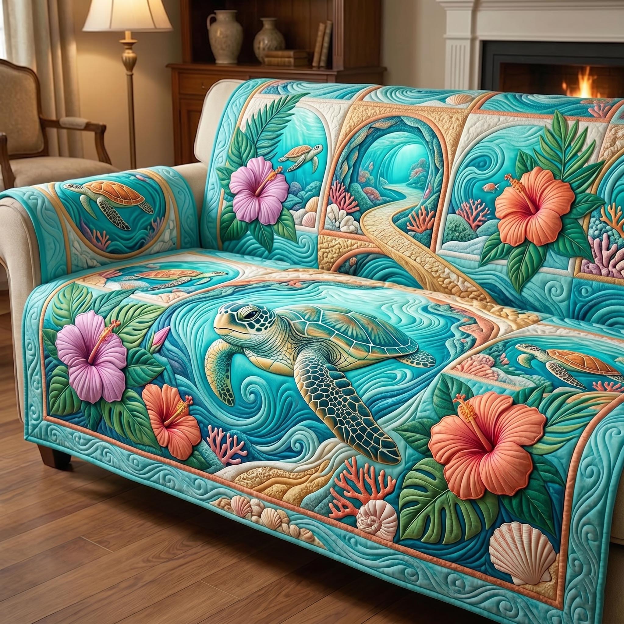 Turtle Drift Quilted Sofa Cover Coastal Home Couch Cover Cozy Living Gift Ideas - Tradiviet