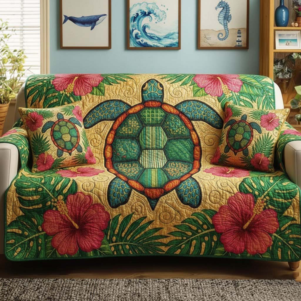 Turtle Drift Quilted Sofa Cover Coastal Home Couch Cover Gifts For Room Decor - Tradiviet