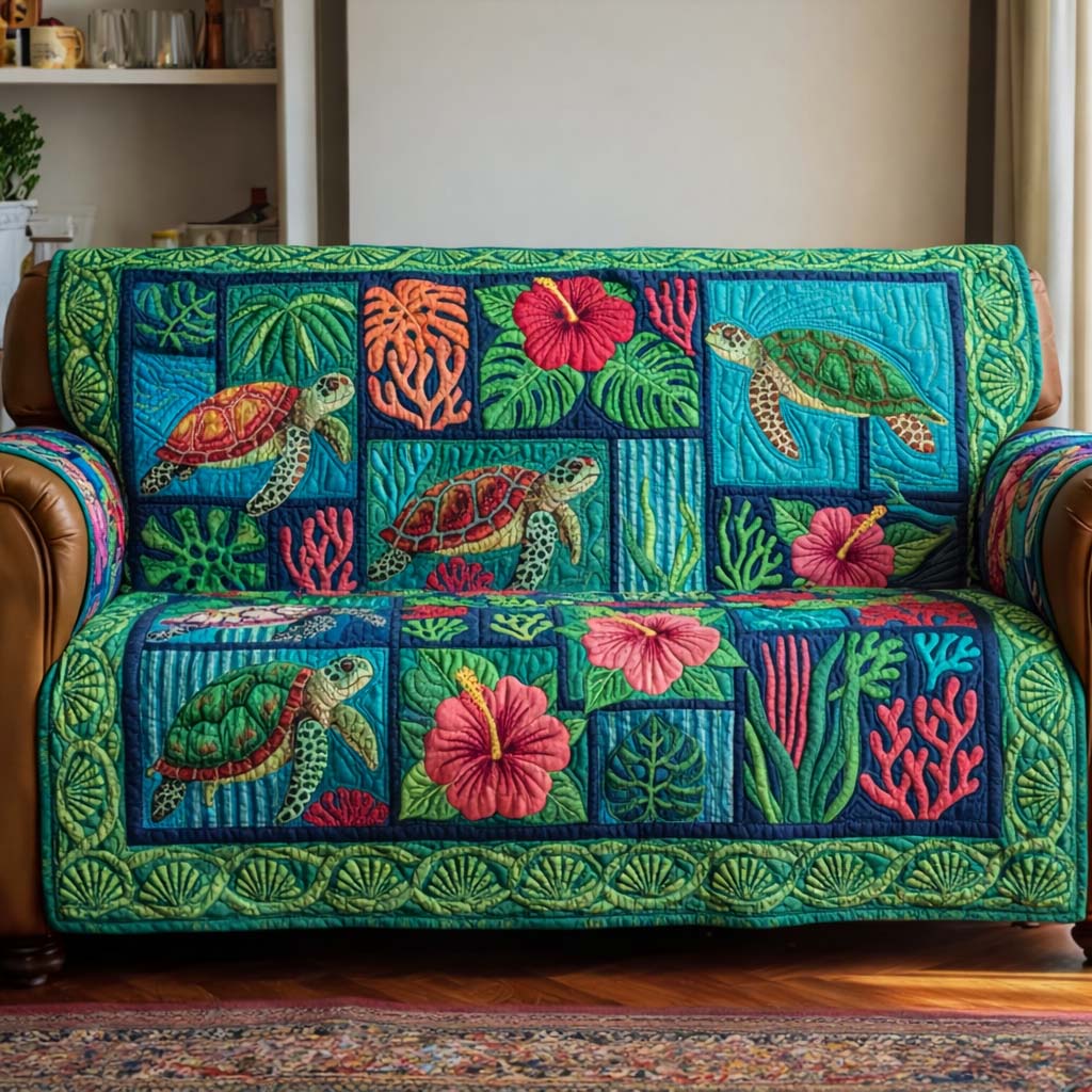 Turtle Drift Quilted Sofa Cover Coastal Home Couch Cover Home Decor Gift Ideas - Tradiviet