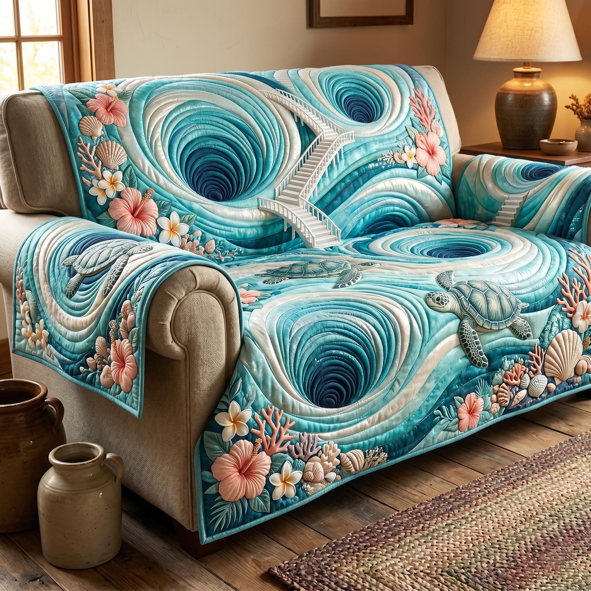 Turtle Drift Quilted Sofa Cover Coastal Home Couch Cover Interior Design Gift Ideas - Tradiviet