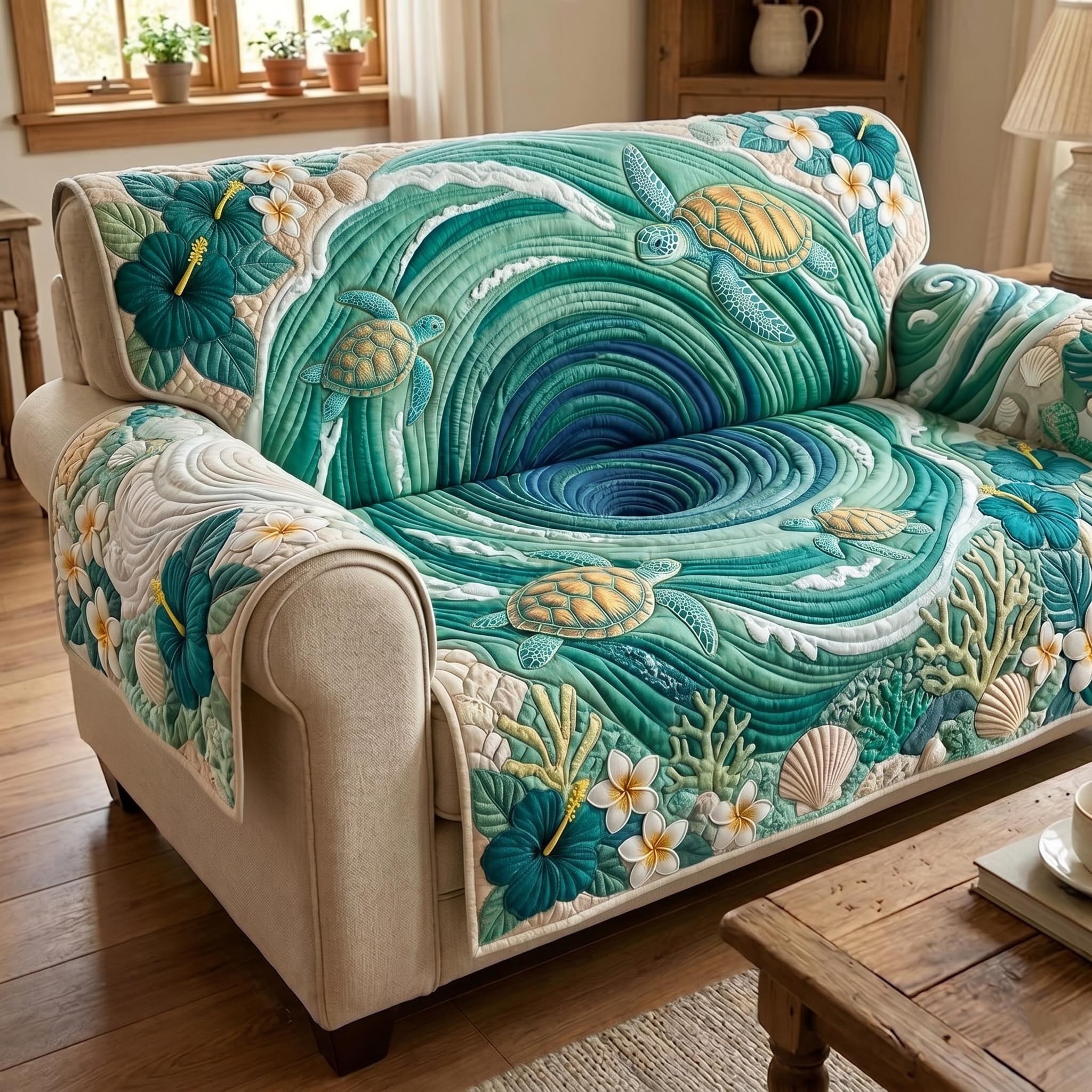 Turtle Drift Quilted Sofa Cover Coastal Home Couch Cover Presents For New Home - Tradiviet