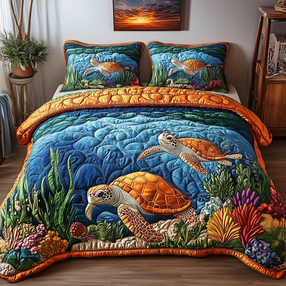 Turtle Quilted Bedding Set Turtle Home Impression Gift For Turtle Mom - Tradiviet