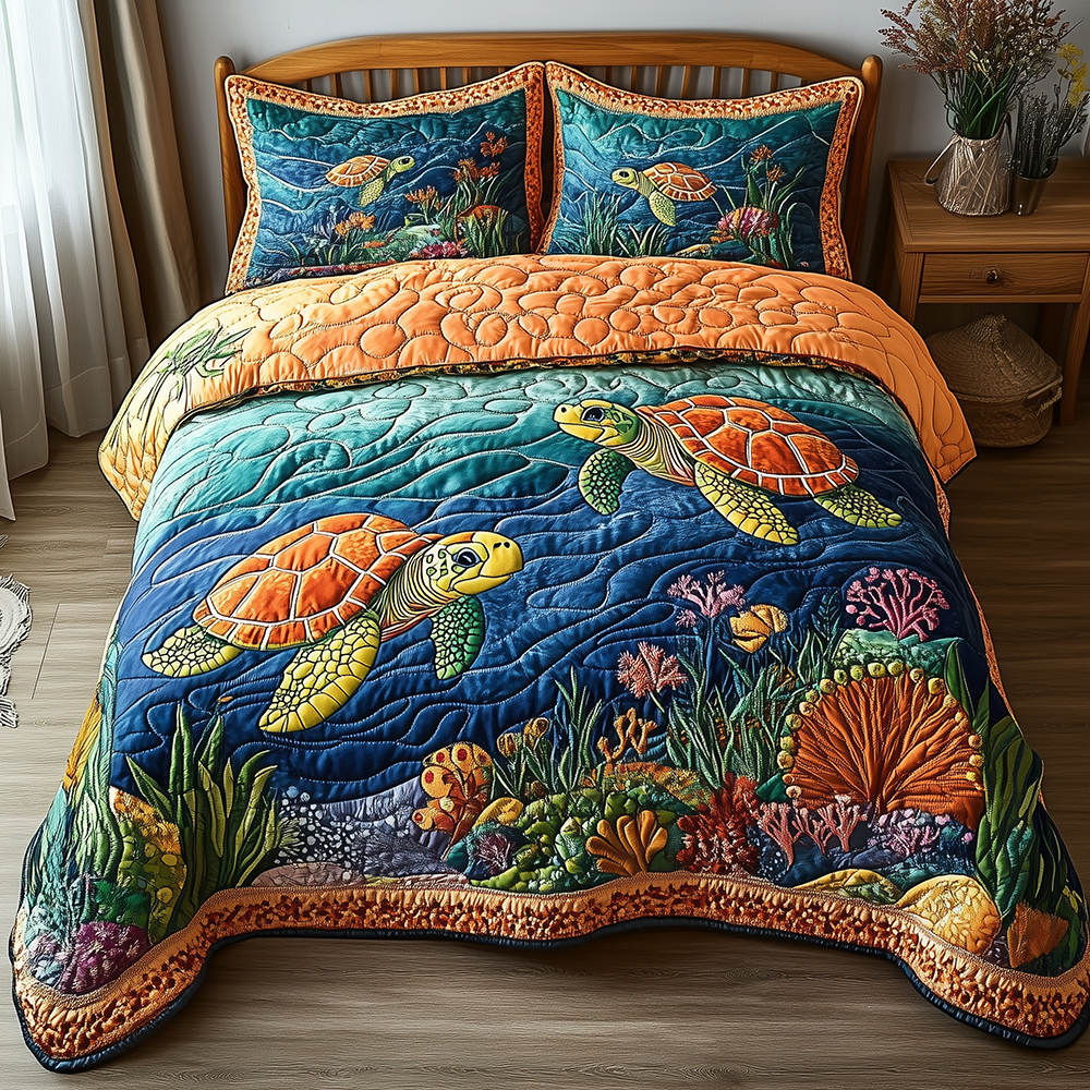 Turtle Quilted Bedding Set Turtle Home Look Gift For Turtle Lovers - Tradiviet