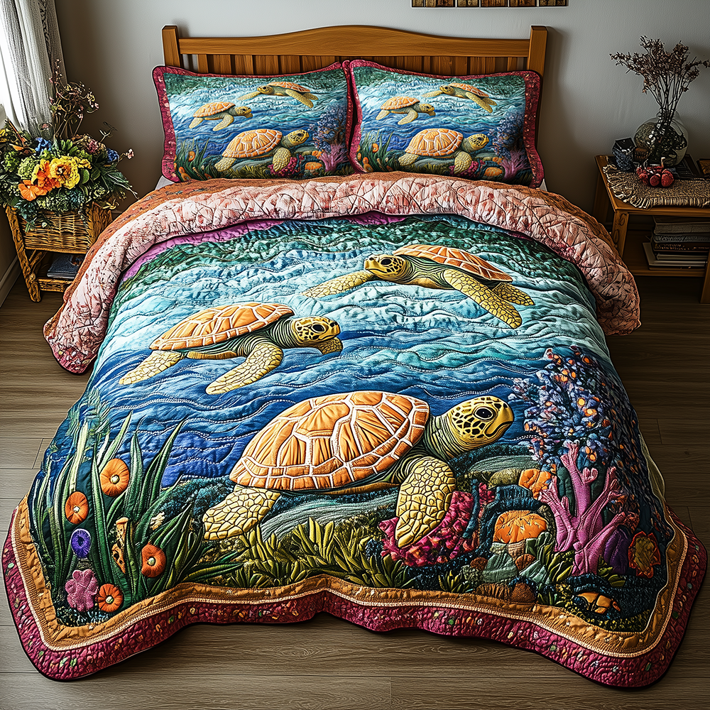 Turtle Quilted Bedding Set Turtle Home Nook Gift For Turtle Sister - Tradiviet