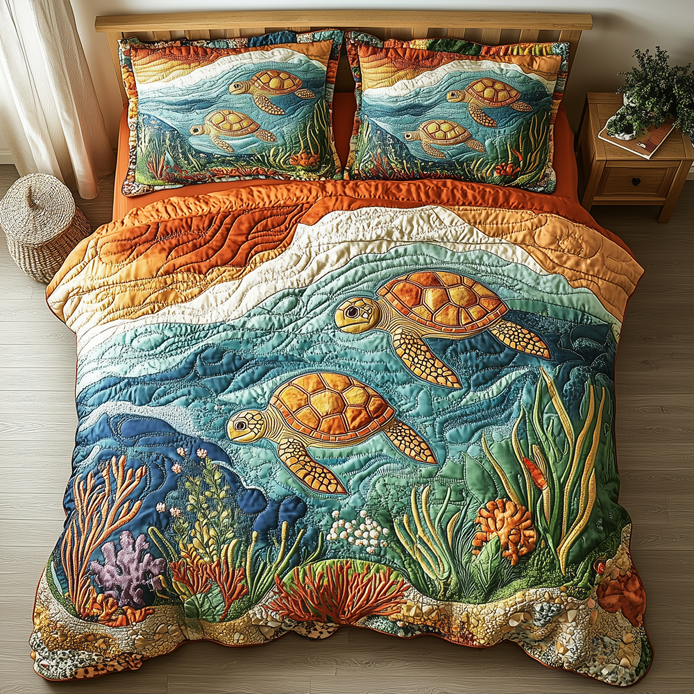 Turtle Quilted Bedding Set Turtle Home Story Gift For Turtle Fans - Tradiviet