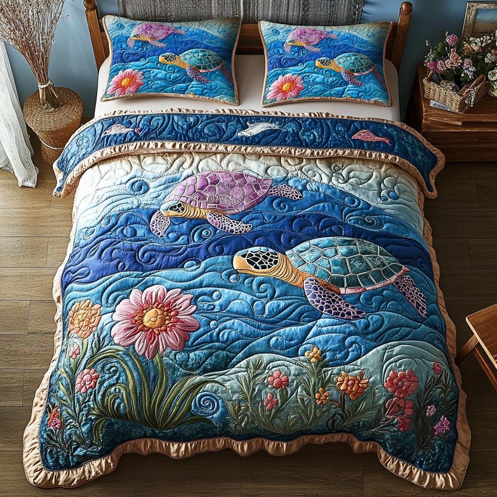 Turtle Quilted Bedding Set Turtle Home Treasure Gift For Turtle - Tradiviet