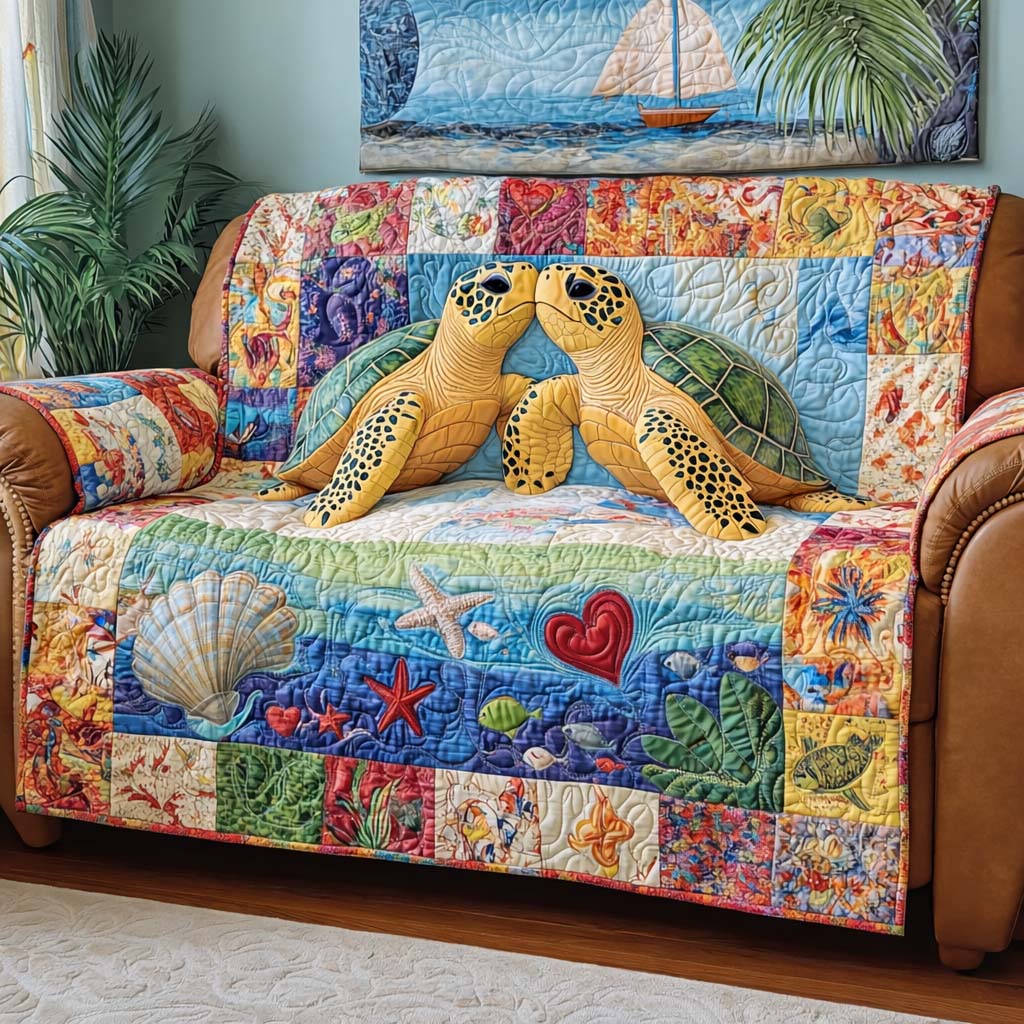 Turtle Serenity Quilted Sofa Cover Coastal Home Couch Cover Bear Gifts For Him - Tradiviet