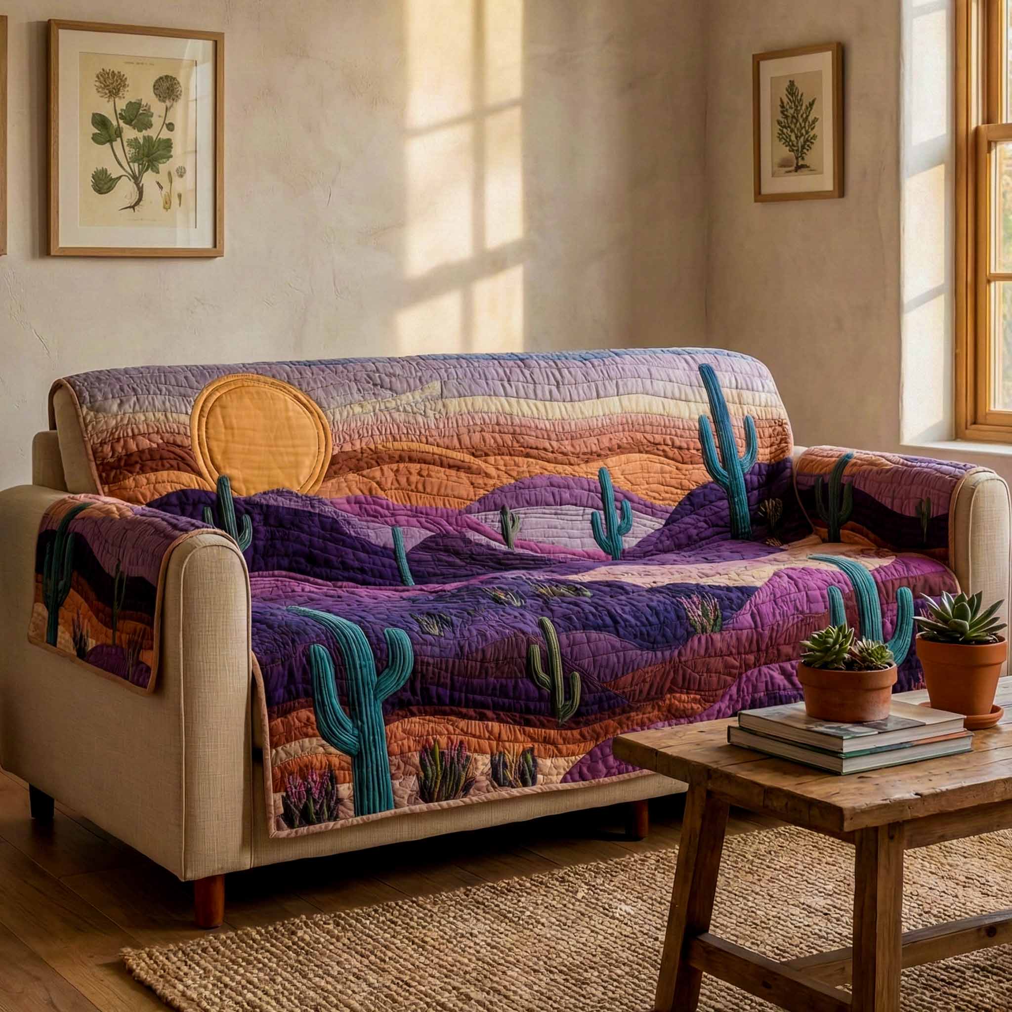 Twilight Cactus Quilted Sofa Cover Boho Home Room Decor Gift For Home Decor - Tradiviet