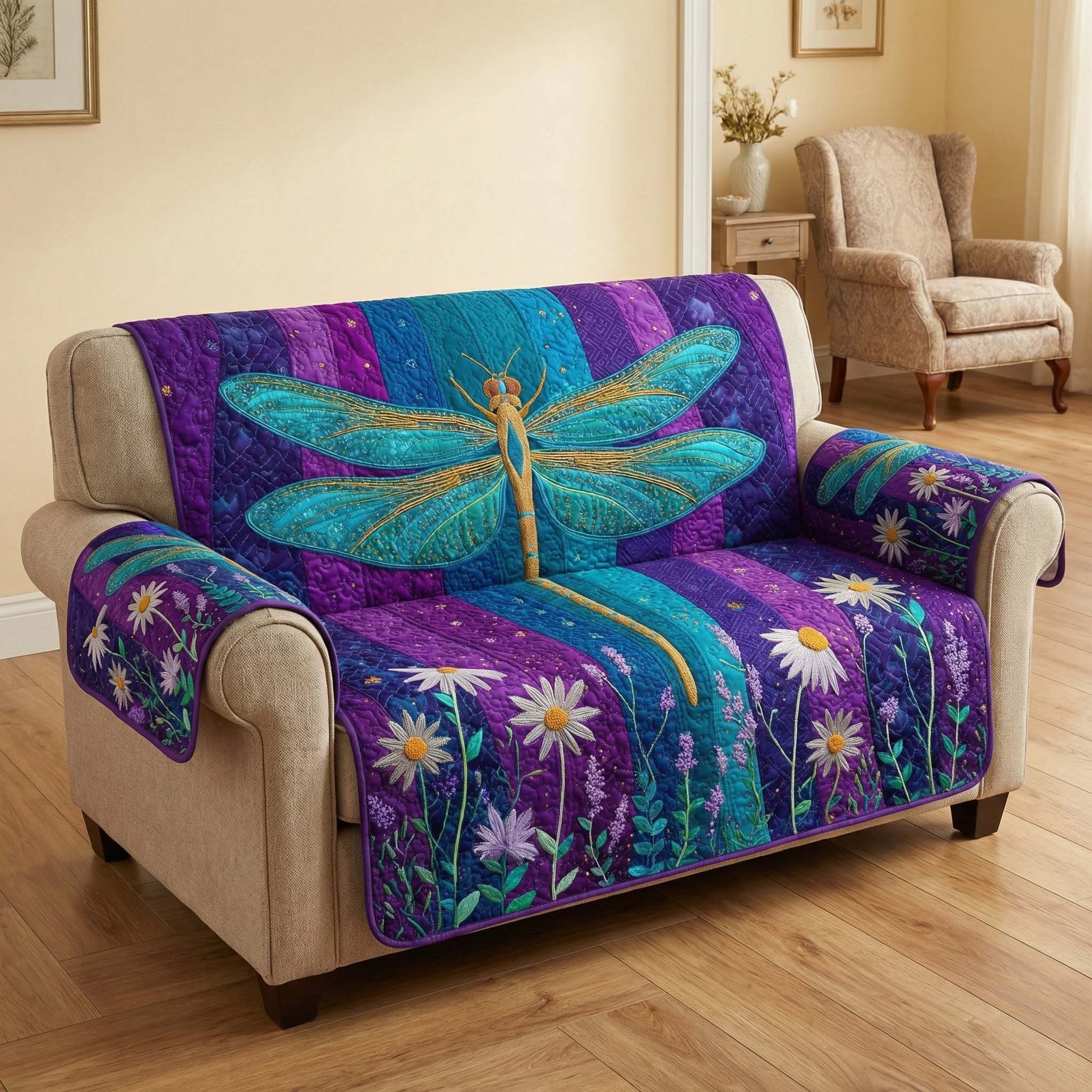 Twilight Dragonfly Quilted Sofa Cover Butterfly Home Couch Cover Gift For Living Room - Tradiviet