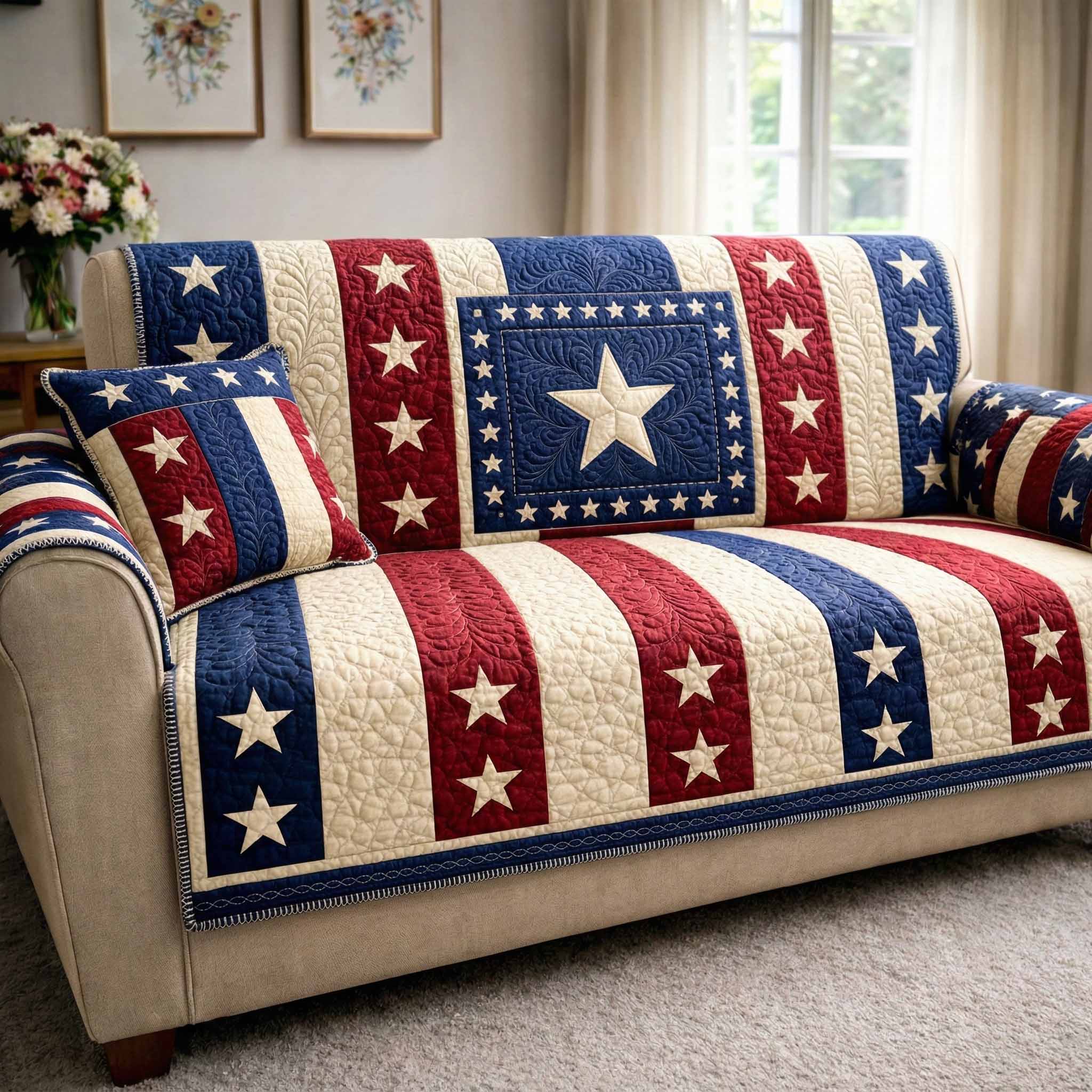 Union Stripe Quilted Sofa Cover Shelf Room Decor Gifts For House Lovers - Tradiviet