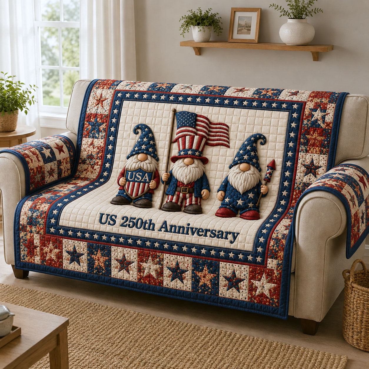 USA 250th Anniversary Quilted Sofa Cover Patriotic Home Couch Cover Gifts For Living Rooms - Tradiviet