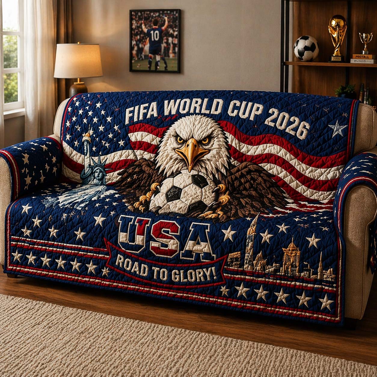 USA Eagle Victory Quilted Sofa Cover Patriotic Home Couch Cover Home Gift For Him - Tradiviet