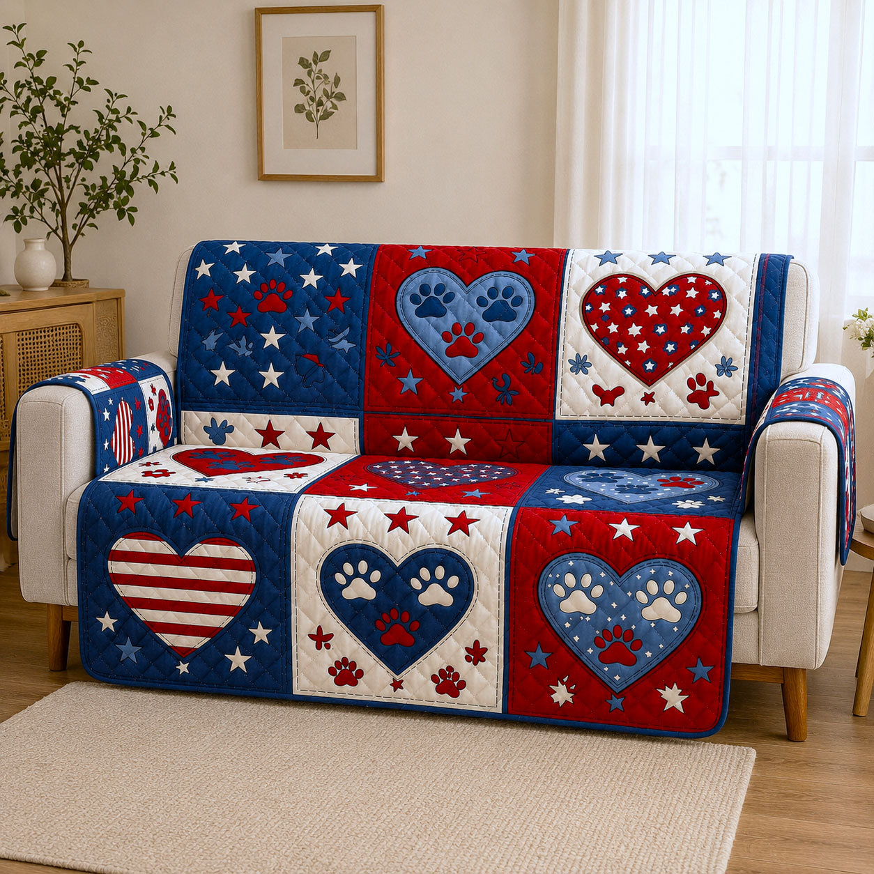 USA Heart Paw Quilted Sofa Cover Romantic Home Couch Cover Cute Room Decor Finds - Tradiviet