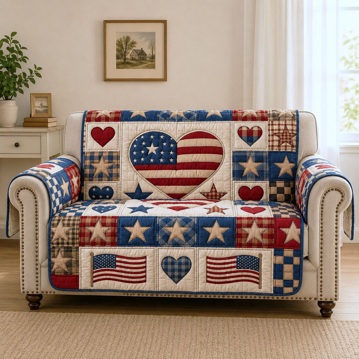 USA Heart Quilted Sofa Cover Romantic Home Couch Cover Bear Gifts For Kids - Tradiviet