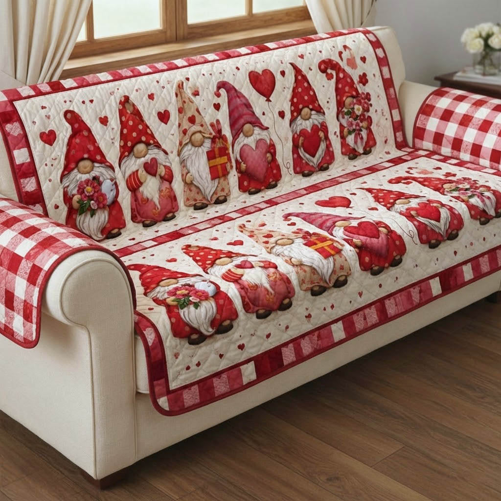 Valentine Gnomes Quilted Sofa Cover Romantic Home Couch Cover Cool Room Decor Gifts - Tradiviet