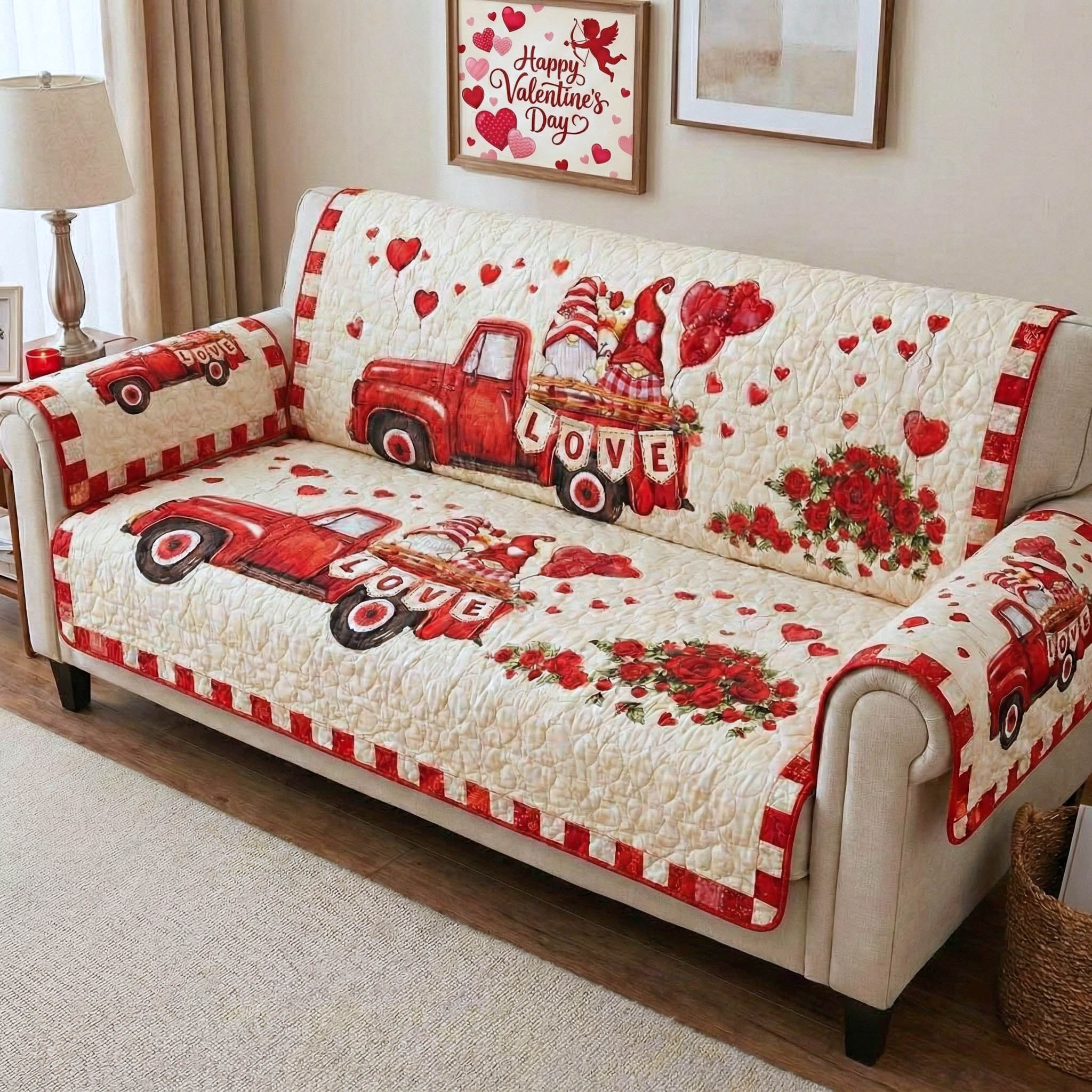 Valentine Gnomes Quilted Sofa Cover Romantic Home Couch Cover Home Decor Gift Ideas - Tradiviet