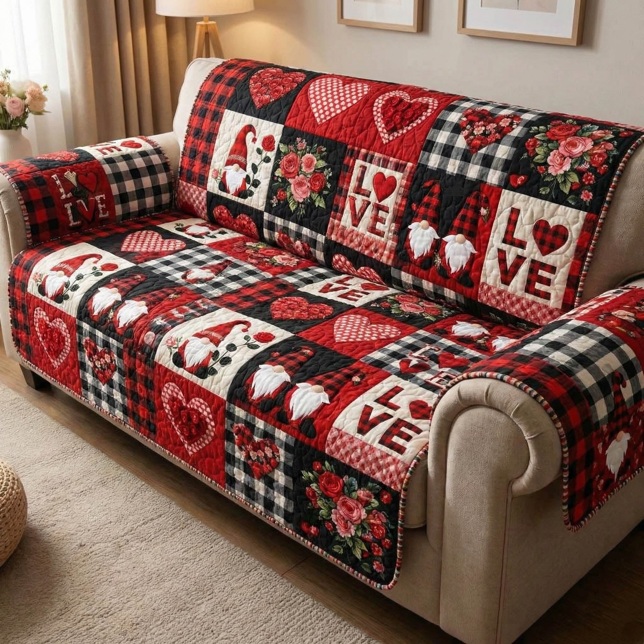 Valentine Gnomes Quilted Sofa Cover Romantic Home Couch Cover Room Decor Gift Ideas - Tradiviet