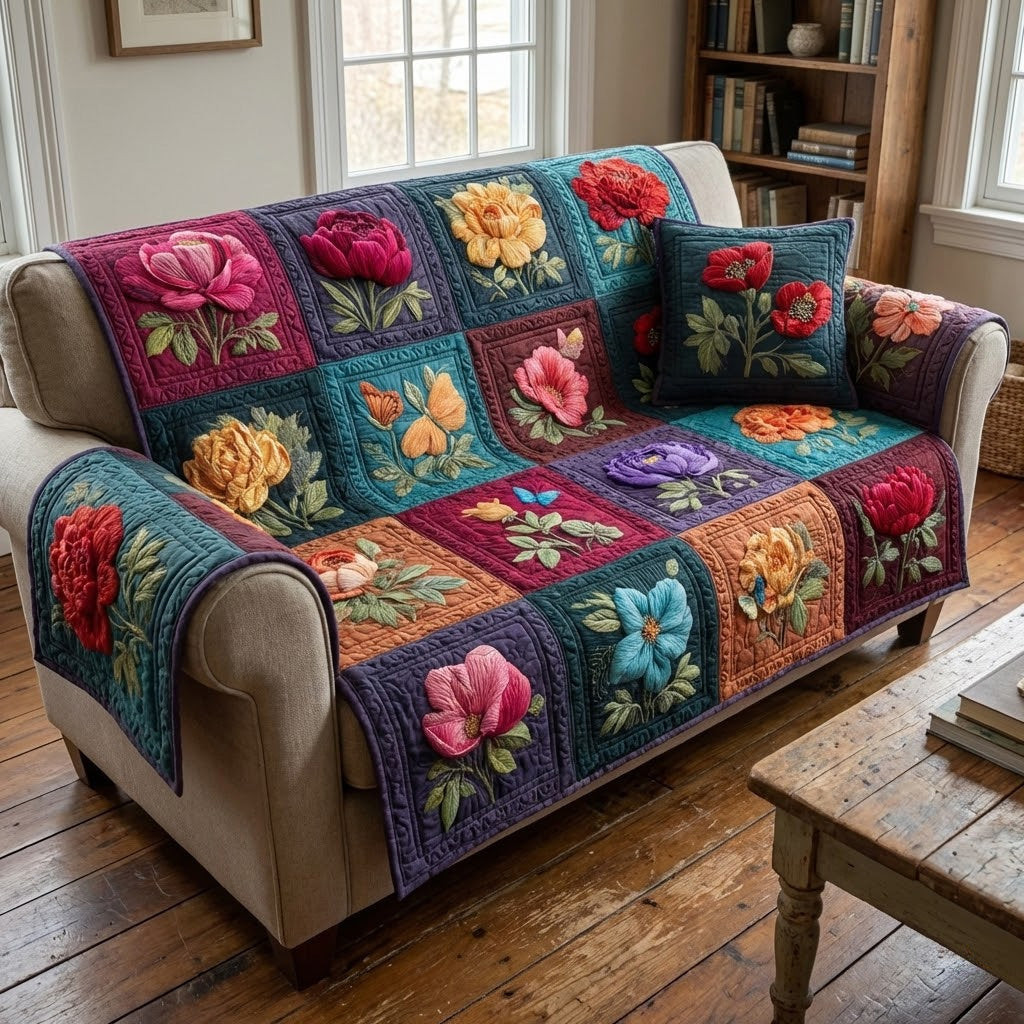 Velvet Blossoms Quilted Sofa Cover Sofa Cover Couch Gifts For Sunflower Lovers - Tradiviet
