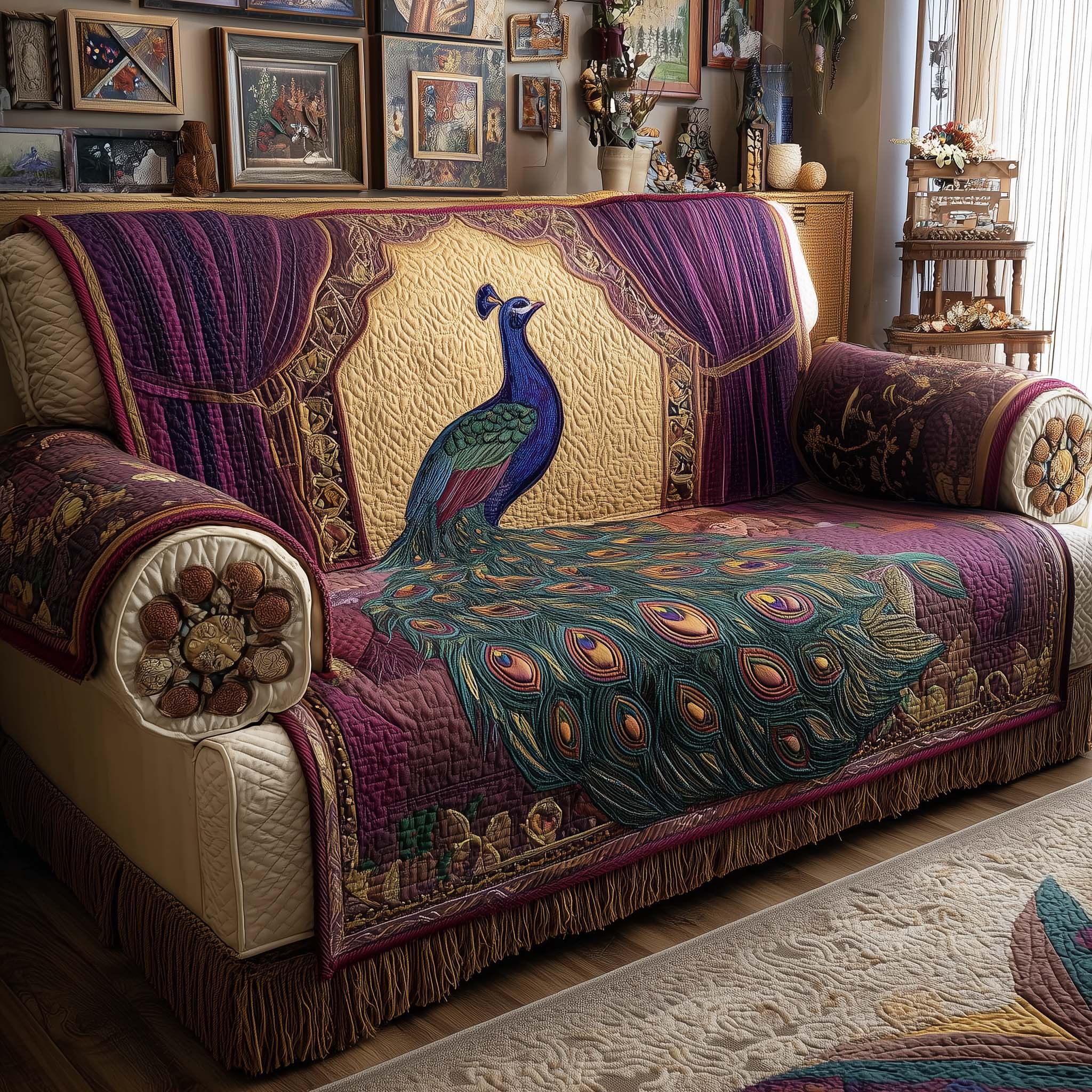 Velvet Peacock Quilted Sofa Cover Cozy Home Couch Cover Great Home Decor Finds - Tradiviet