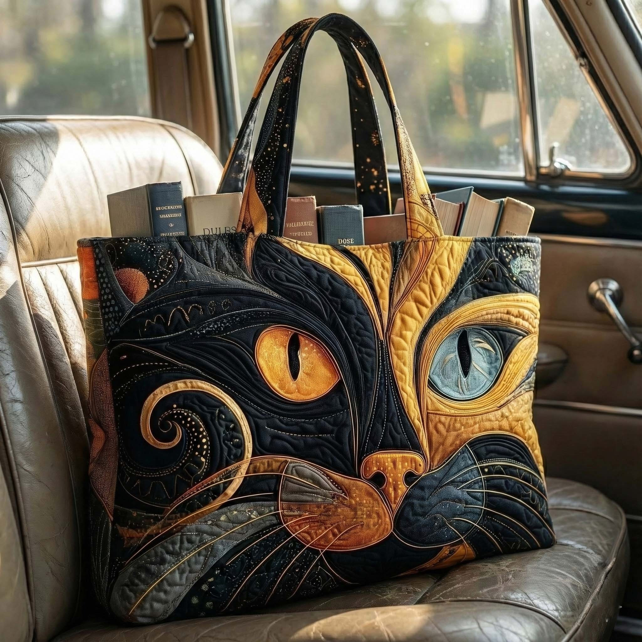 Vibrant Fantasy Cat Quilted Tote Bag Art Nouveau Bag Cool Gifts For Cat Lovers - Tradiviet