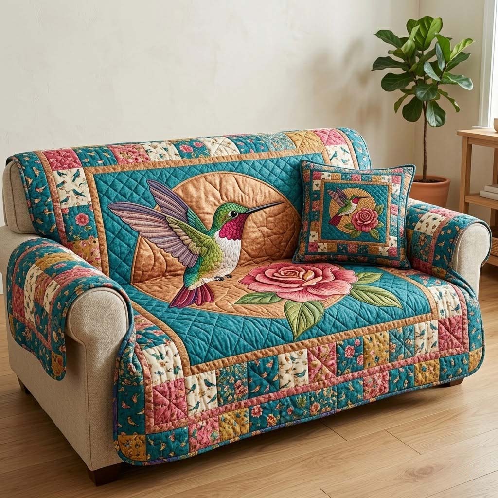Vibrant Teal Paradise Quilted Sofa Cover Trendy Home Style Home Gift For Her - Tradiviet