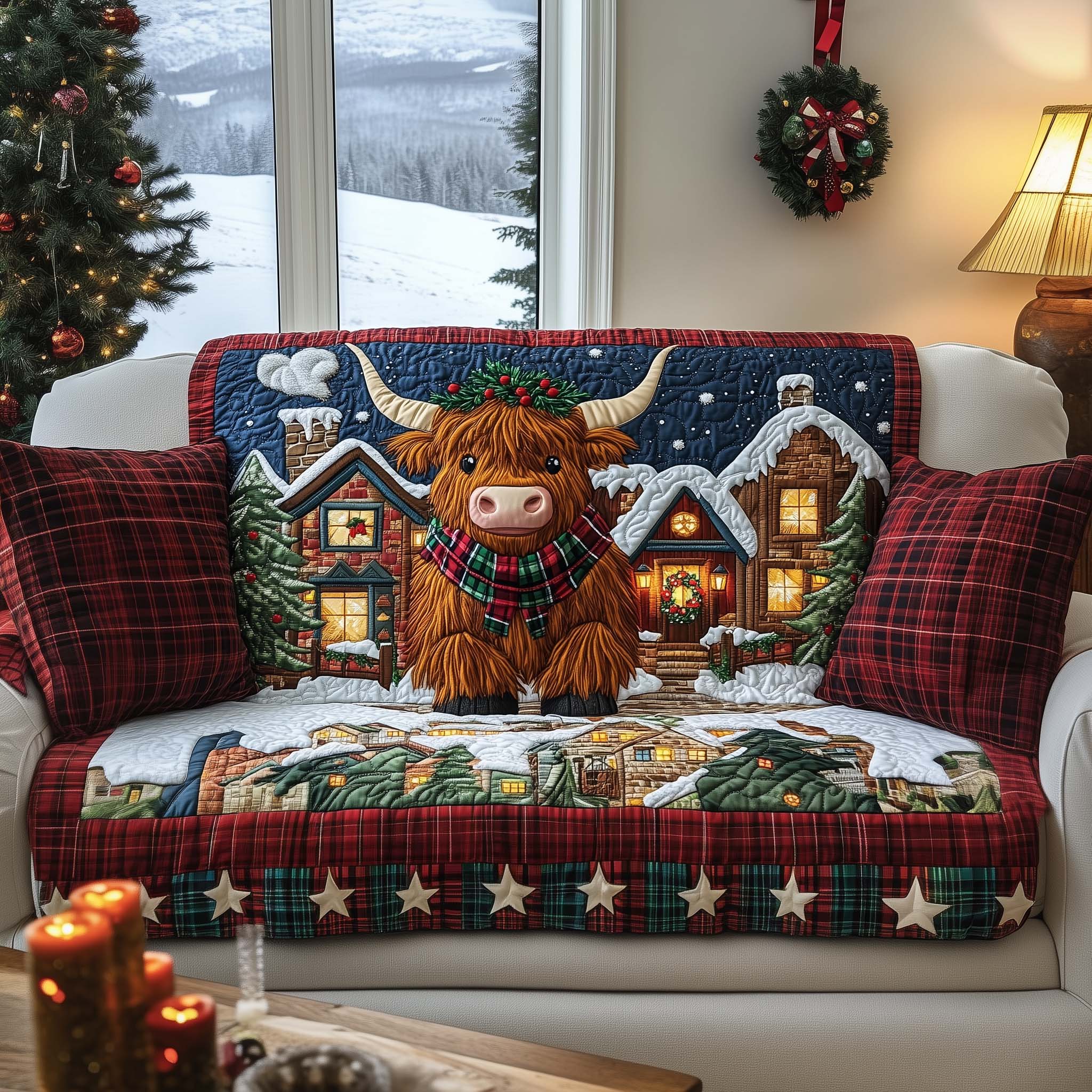 Village Caroler Quilted Sofa Cover Christmas Home Couch Cover Best Home Decor Gifts - Tradiviet