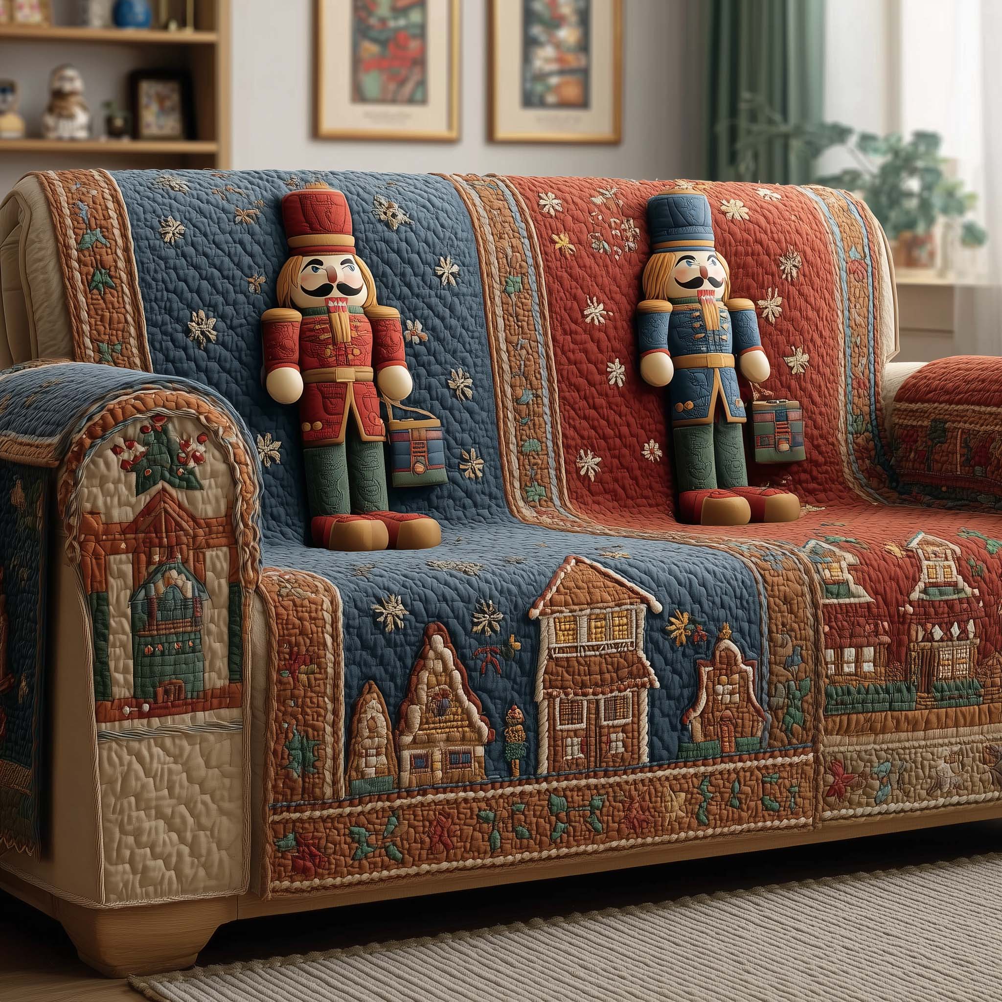 Village Nutcracker Quilted Sofa Cover Christmas Home Couch Cover Cute Room Decor Finds - Tradiviet